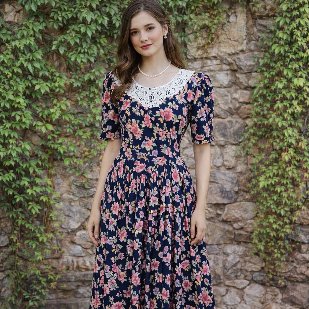 VINTAGE E.D. MICHAELS PETITES Blue Floral Lace Yoke Dress, 7/8 (Runs Small)